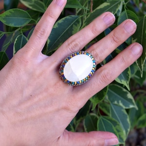 White Quartz Bohemian Ring-White Quartz Statement Ring-Cocktail Ring-Leather Ring- White Quartz Ring-Handmade Ring-Boho Ring-Boho Chic Style