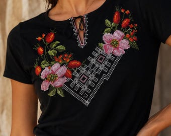Traditional Rose Embroidery Tee, Women Black Floral Boho Blouse, Ukrainian Embroidered Shirt, Folk Cross Stitch Top, Modern Vyshyvanka Gift