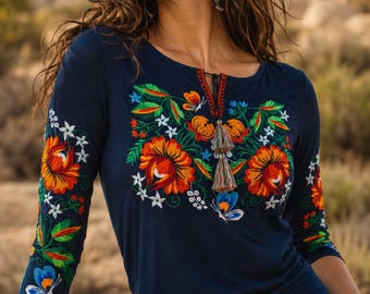 Floral Embroidered T-Shirt, Navy Blue Boho Top, 3/4 Sleeve Hippie Blouse, Botanical Flower Tee, Ethnic Festival Clothing, Gift for Her