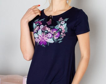 M-4XL. Dark Blue Floral Women's T-Shirt. Hand-Embroidered Flowers Tee. Navy Boho Botanical Shirt. Mexican Folk Embroidery. Gift for Her