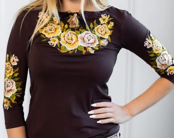 Brown Boho Womens Embroidered T-Shirt, Floral Roses Design Shirt, Chic Mexican Viscose Blouse, Ethnic Folk Top, Stylish Bohemian Tee (S, M)