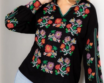 Black Bohemian Blouse with Colorful Floral Cross-Stitch Embroidery.Women's Folk Ethnic Shirt. Mexican  Embroidered Top with Botanical Motifs