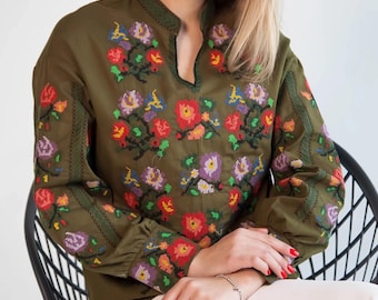 Elegant Green Embroidered Blouse. Traditional Floral Folk Shirt. Women's Long Sleeve Boho Chic Ukrainian Vyshyvanka. Ethnic Embroidery Top