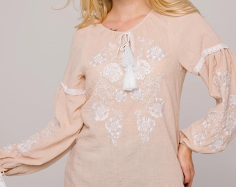 Ivory Blouse, Flowers Embroidered Long Sleeve Shirt, Mexican Top, Mexican Floral Blouse, Traditional Mexican Top, Beige Boho Wear
