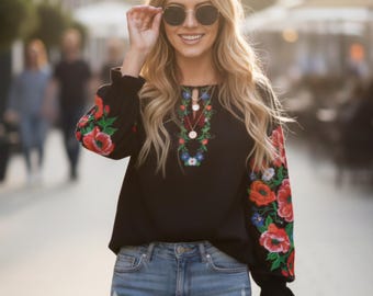 Black Embroidered Blouse. Floral Folk Embroidery. Modern Boho Shirt. Ukrainian Vyshyvanka Top. Artisan Ethnic Fashion. Mothers Day Gift Top