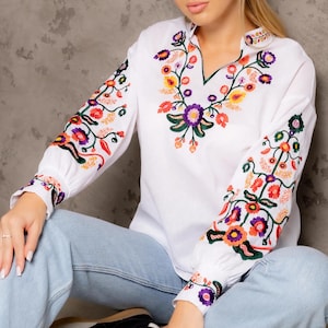 Embroidered White Boho Blouse for Women. Mexican Folk Fashion Shirt. Floral Handmade Ethnic Tunic. Colorful Bohemian Style. Folk Nouveau Top