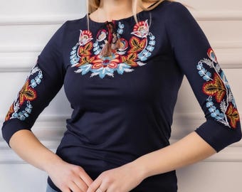 Navy Embroidered Womens Top with Botanical Floral Patterns, Soft Cotton Feel, Mexican Folk Style, Elegant Boho Chic Vibe, Hippie Tee (S-2XL)