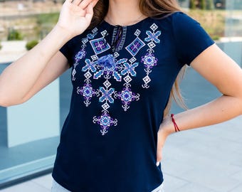 Bohemian folk navy blue T-shirt with intricate embroidery, Mexican top short sleeves, stylish boho chic tee with botanical motifs, L,XXL,3XL