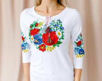 White Botanical Folklore Blouse with Floral Embroidery, Elegant Nouveau Fashion Top, Bohemian Embroidered Shirt, Mexican Handmade Tee S-4XL