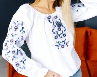Womens Mexican Top, White Blouse with Blue Embroidery, Floral Folk Top, Ukrainian embroidered shirt, Boho Botanical Blouse, Gift for Her