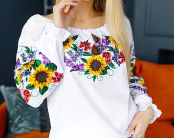Blusa blanca bordada con estampado de girasoles y flores silvestres de colores, camisa folclórica ucraniana con hombros descubiertos, blusa campesina botánica