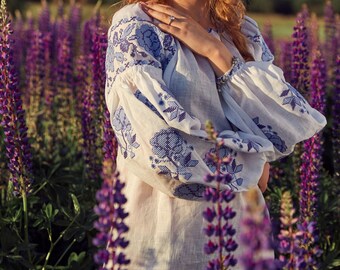 4US//S! White Linen Embroidered Tunica. Mexican Boho Women's Tunic. Vyshyvanka with Ukrainian Embroidery. Arabian Abaya. Rustic Spring Dress