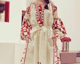 6US/38EU! Ivory Linen Embroidered Dress. Boho Vyshyvanka Dress. Ukrainian Folk Kaftan. Mexican Ethno Mini Dress. Fashion Beige Abaya Caftan