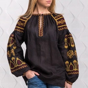 4US//S! Black Linen Vyshyvanka Blouse. Ukrainian Floral Embroidered Top with Tassels. Bohemian Folk Chic. Mexican Ethnic Shirt. Ornament Top