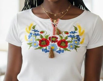 White Womens Embroidered T-Shirt. Colorful Mexican Floral Embroidery Tee. Botanical Folk Fashion Top. Boho Summer Shirt. Size L,XXL