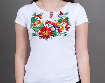 Colorful Floral Mexican Blouse, Embroidered Boho Top, Short Sleeve 5 de Mayo Shirt, White Hippie Botanical Tee, Artisan Folk Blouse (S-4XL)
