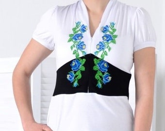 L. Beautiful White and Black Embroidered Bohemian Peasant Blouse. Women's Ethnic Top with Blue and Green Flowers. Spring Boho Hippie Blouse