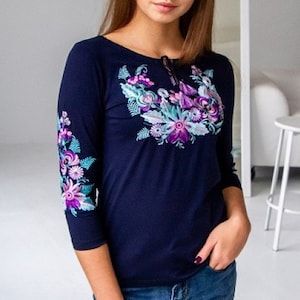 S-4XL. Navy Boho Women&#39;s T-Shirt. Viscose Tee with Floral Embroidery. Mexican Vyshyvanka Blouse. Chic Ethnic Top. Modern Folk Women&#39;s Tee