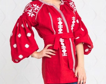 8US//40EU! Red Linen Ukraine Embroidered Blouse Vyshyvanka Boho Chic Style Mexican Embroidery Bohemian Style Ethno Top