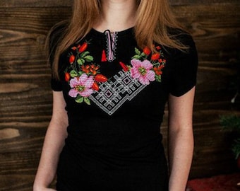S-4XL.Black embroidered t-shirt. Birthday gift for her. Mexican boho top. Chic embroidered shirt. Vyshyvanka tee shirt. Botanical ethnic tee