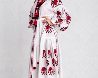 White Embroidered Maxi Dress. Bohemian Ukrainian Vyshyvanka, Traditional Folk Linen Gown, Red Floral Ethnic Dress, Boho Chic Mexican Kaftan
