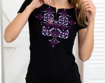 S-3XL. Black tee cotton vyshyvanka women's embroidery ukrainian blouse clothing t shirt costume mexican boho tops & tees etno folk top woman