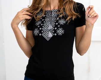 S,L-3XL.Black shirt viscose vyshyvanka women's embroidery handmade ukrainian blouse T costume clothing boho folk mexican top & tee etno gift