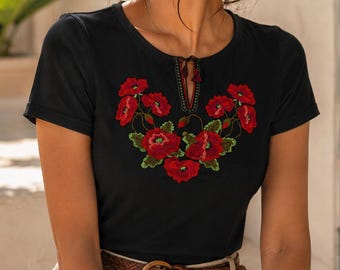 Red Poppy Top • Black Floral Embroidered T-Shirt • Boho Chic Peasant Blouse • Cottagecore Women Tee • Romantic Dark Floral Shirt