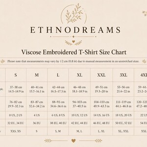 May include: A beige size chart for a viscose embroidered t-shirt from Ethnodreams. The table lists measurements in centimeters and inches for sizes S through 5XL, including t-shirt width, bust measurements, and corresponding US, EU, and international sizes.