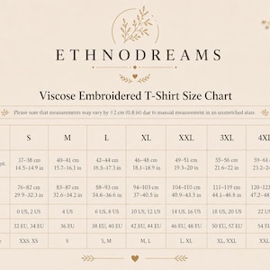 EthnoDreams size guide and dimensional chart for women's 3/4 sleeve embroidered viscose t-shirts.