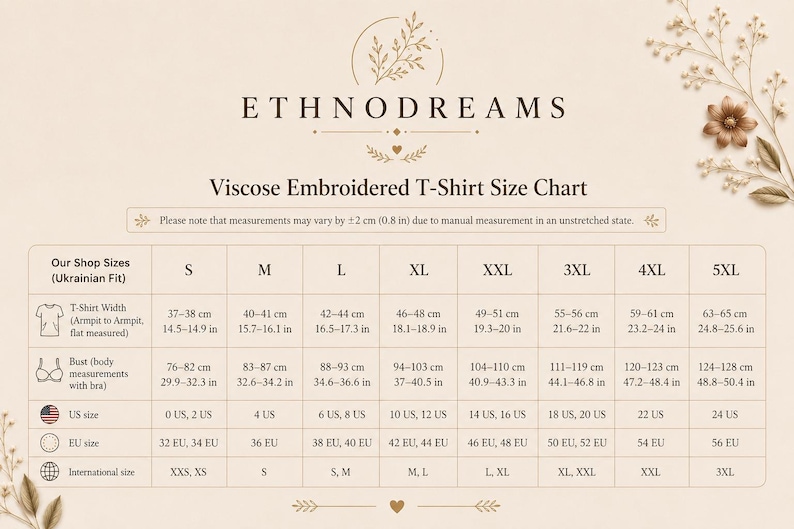 EthnoDreams size guide and dimensional chart for women's 3/4 sleeve embroidered viscose t-shirts.