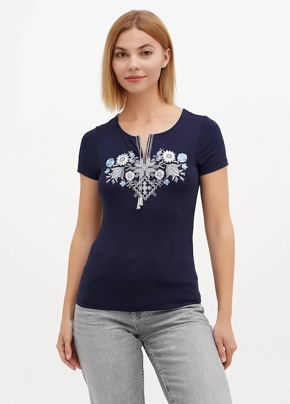 M,XL-5XL. Navy Blue Embroidered T-Shirt for Women. Top with Blue and White Flowers. Slavic Boho Ethnic Blouse. Folk Floral Tee. Gift for Her
