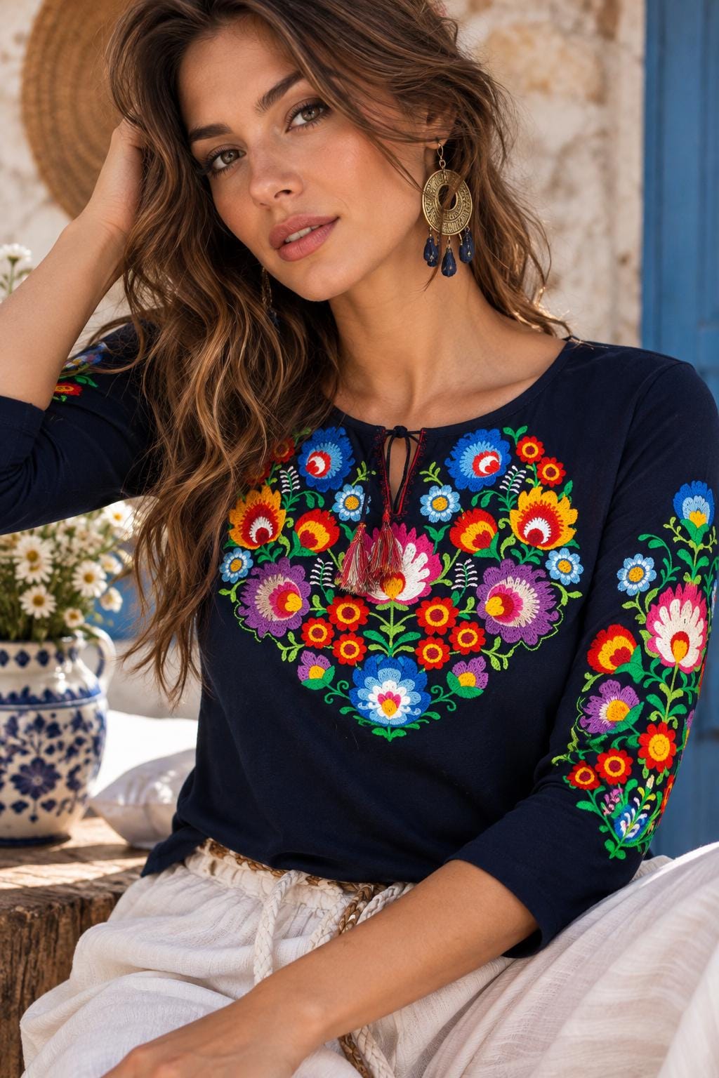 T Shirt Women Blue Flower Embroidery - Etsy