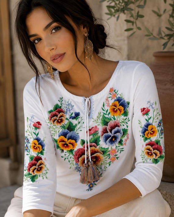White Floral Boho Blouse, Colorful Pansy Peasant Top, Mexican Hippie Tee, Folk Ethnic Shirt, Womens Ukrainian Vyshyvanka, Embroidered Tee