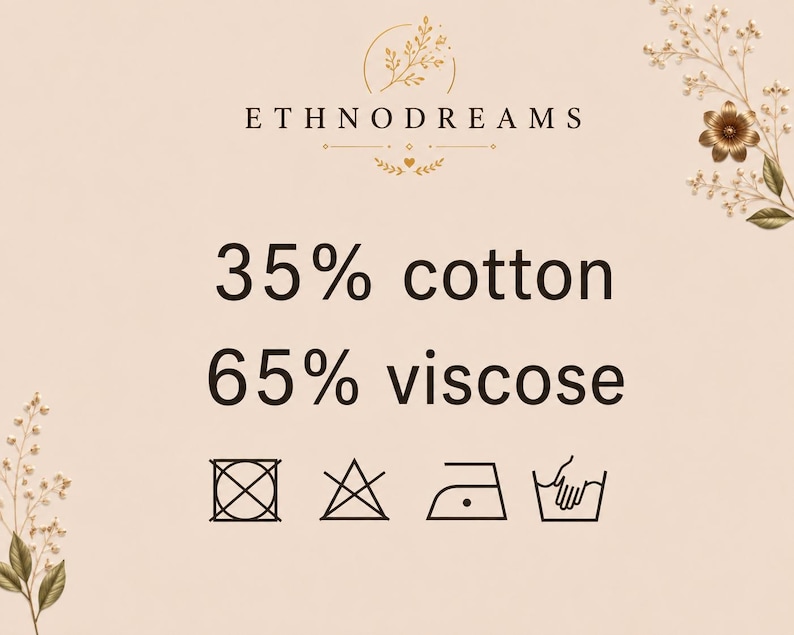 ​Ethnodreams product specifications image detailing fabric composition: 35% cotton and 65% viscose, accompanied by official garment care symbols for hand washing, ironing, and maintenance.