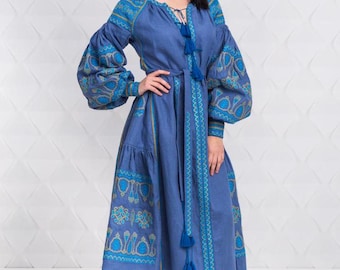 M! Blue Linen Embroidered Caftan with Tassels. Ukrainian Folk Dress.Boho Long Abaya with Floral. Summer Ethnic Dress. Traditional Vyshyvanka