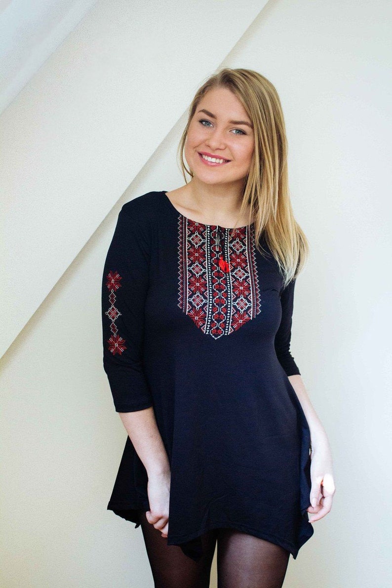 Blue Ukrainian Embroidered Tunic Vyshyvanka Ethnic National Top Sorochka Women Ukrainian Gift Ukrainian Vyshyvanka Slavic Blouse Tee S-4XL
