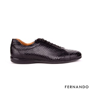 May include: Black leather lace-up shoes with a snakeskin pattern.
