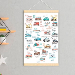 Cartaz de alfabeto de transporte Decoração de parede de berçário de transporte em aquarela A-Z Decoração de quarto de criança