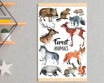 Póster de animales del bosque, acuarela, animales del bosque, decoración de pared para guardería, decoración de habitación infantil