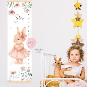 Gepersonaliseerde groeimeter konijnenmeisje voor kinderen | Muurkunst kinderkamer babymeisje | Aangepaste hoogtetabel | Kamerdecoratie roze konijn