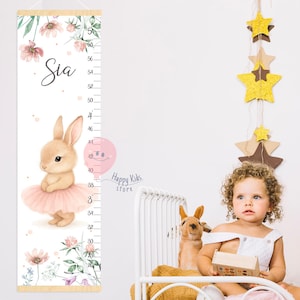 Groeimeter konijn ballerina voor meisjes – aangepaste naam hoogtetabel, kunst aan de muur kinderkamer konijn, kraamcadeau, decor kinderkamer