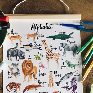Animals alphabet poster Watercolor animals nursery wall decor A-Z kid room decor