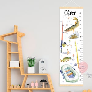 Tableau de croissance avec pêche, art pour chambre d'enfant, tableau de hauteur personnalisé, décoration de chambre de poisson, cadeau de douche ou de premier anniversaire