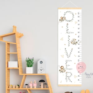 Wachstumstabelle Tiere am Himmel und Blumenname grüne Blätter Buchstaben Messlatte Luftfahrt Kinderzimmer Dekor