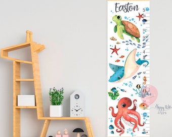 Under the sea growth chart Octopus Stingray Turtle height chart Nautical sea creatures nursery room decor