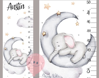 May include: A growth chart featuring a cute gray elephant sleeping on a crescent moon. The chart is decorated with gold stars and clouds. The text "Austin" and "Happy Kids store" are printed on the chart.