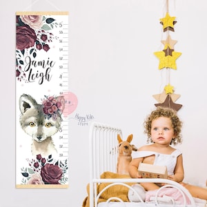 Groeimeter babywolf Bourgondische bloemen hoogtemeter Bos kinderkamerdecoratie Cadeau voor verjaardag of verjaardag