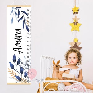 Blauwe bladeren met gouden groeimeter Hoogtemeter meisje Bloemen wandkleed Douche of eerste verjaardagscadeau