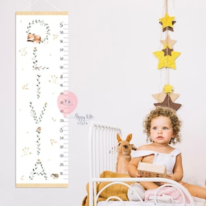 Naam groeimeter vos en bloemen Groene bladeren letters hoogtemeter Bos kinderkamerinrichting